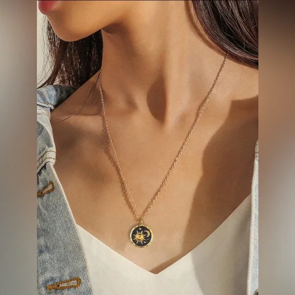 Sun and Moon Celestial Pendant Necklace Gold Tone - Picture 3 of 4